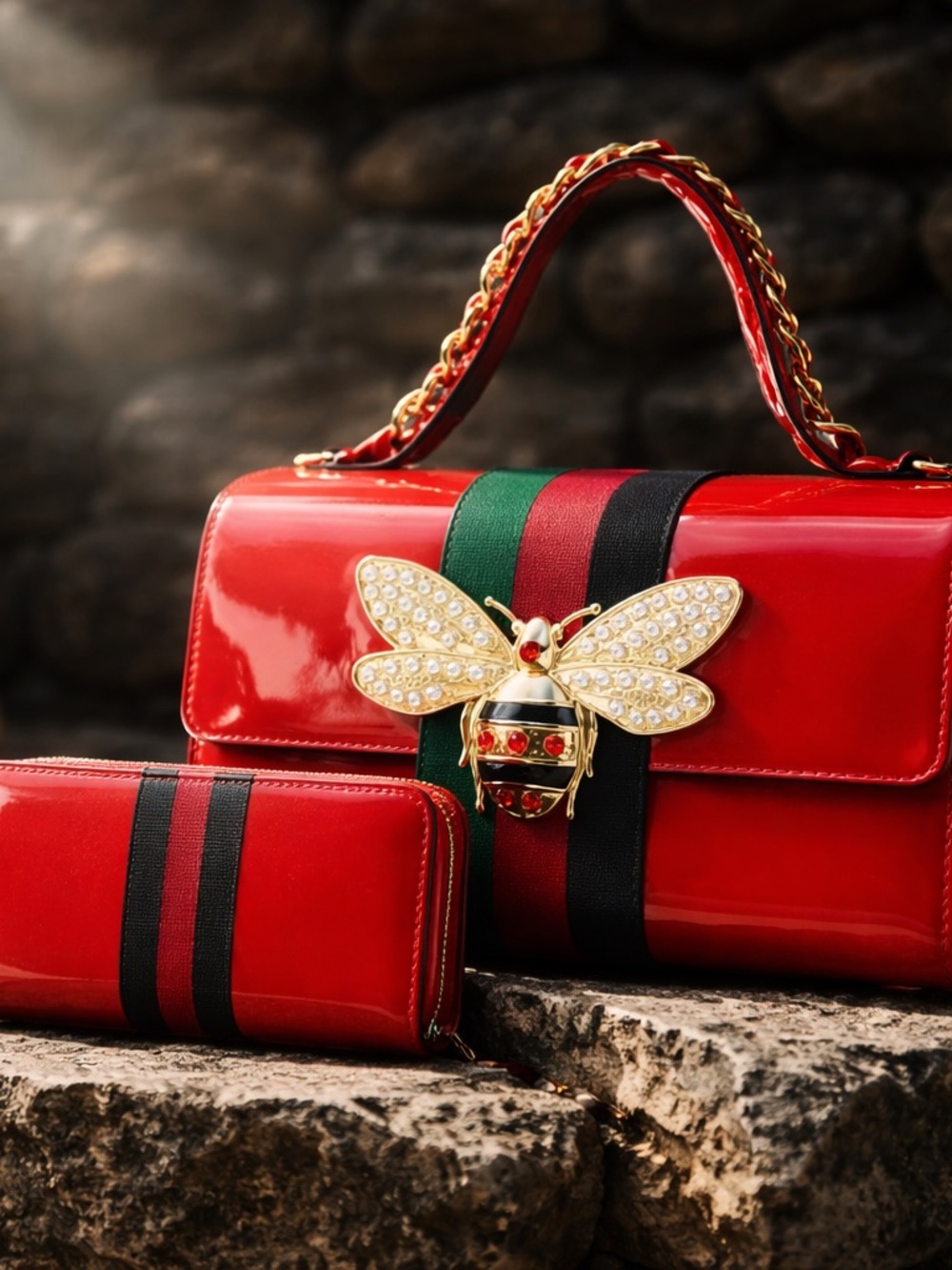 Red Patent Satchel with Gold Bee Accent